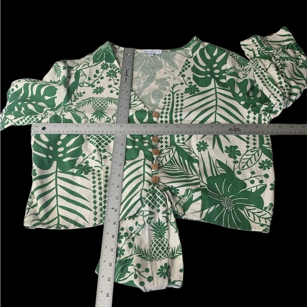 Maison d'Amélie Anthropology Blouse Linen 3/4 Sleeve Boho Resort Green/White L - Picture 10 of 11